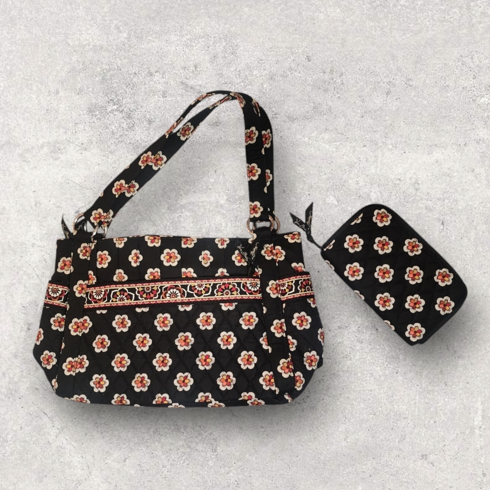 NWOT Vera Bradley Pirouette Black and Red Floral Shoulder Bag and Wallet Set